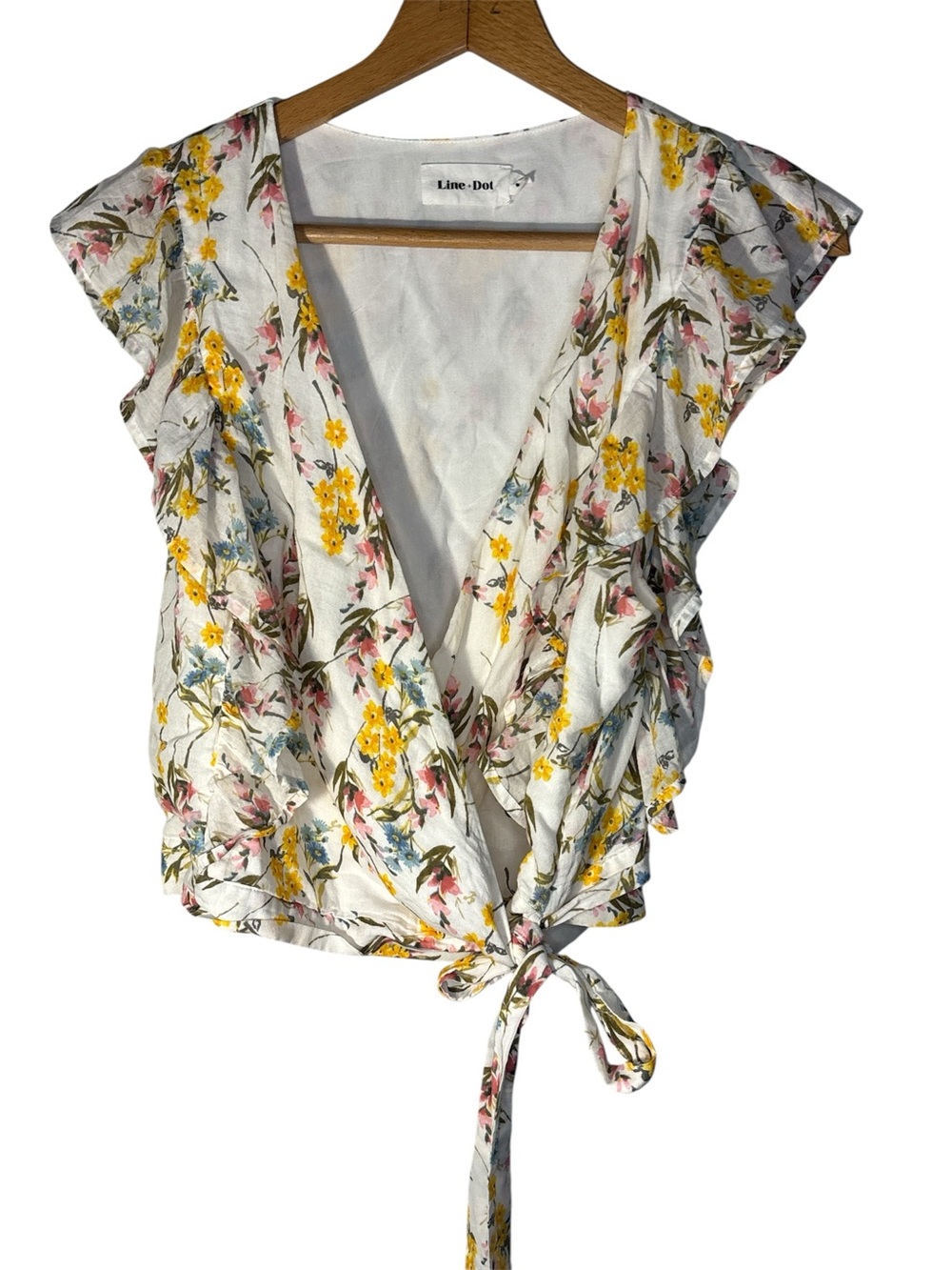 Line + Dot Floral Ruffle Wrap Tie Top L Flutter Sleeve Coquette Gardencore